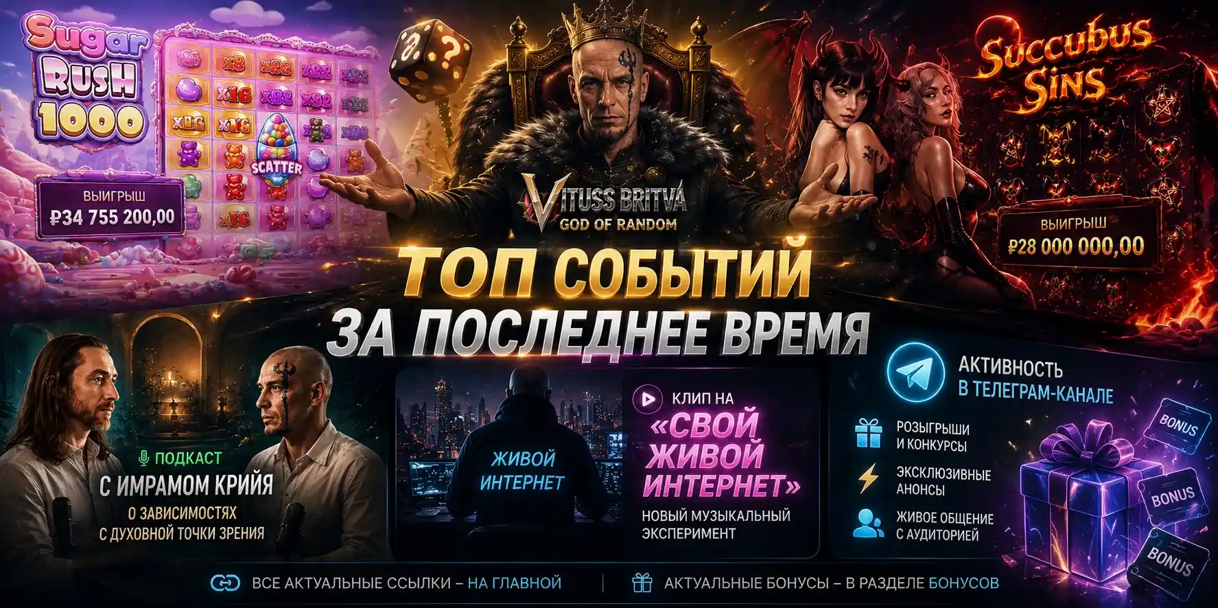 Главные события на канале Витуса: заносы на 28 и 34,7 миллиона рублей, новый подкаст, клип и активности в Telegram.