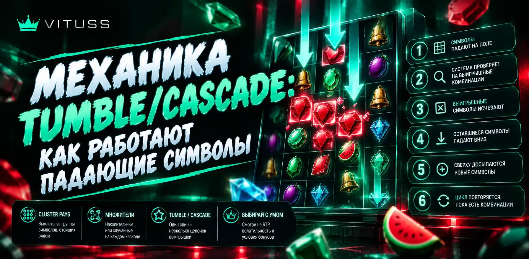 Схема работы механики Tumble: падающие символы и каскадные выплаты.