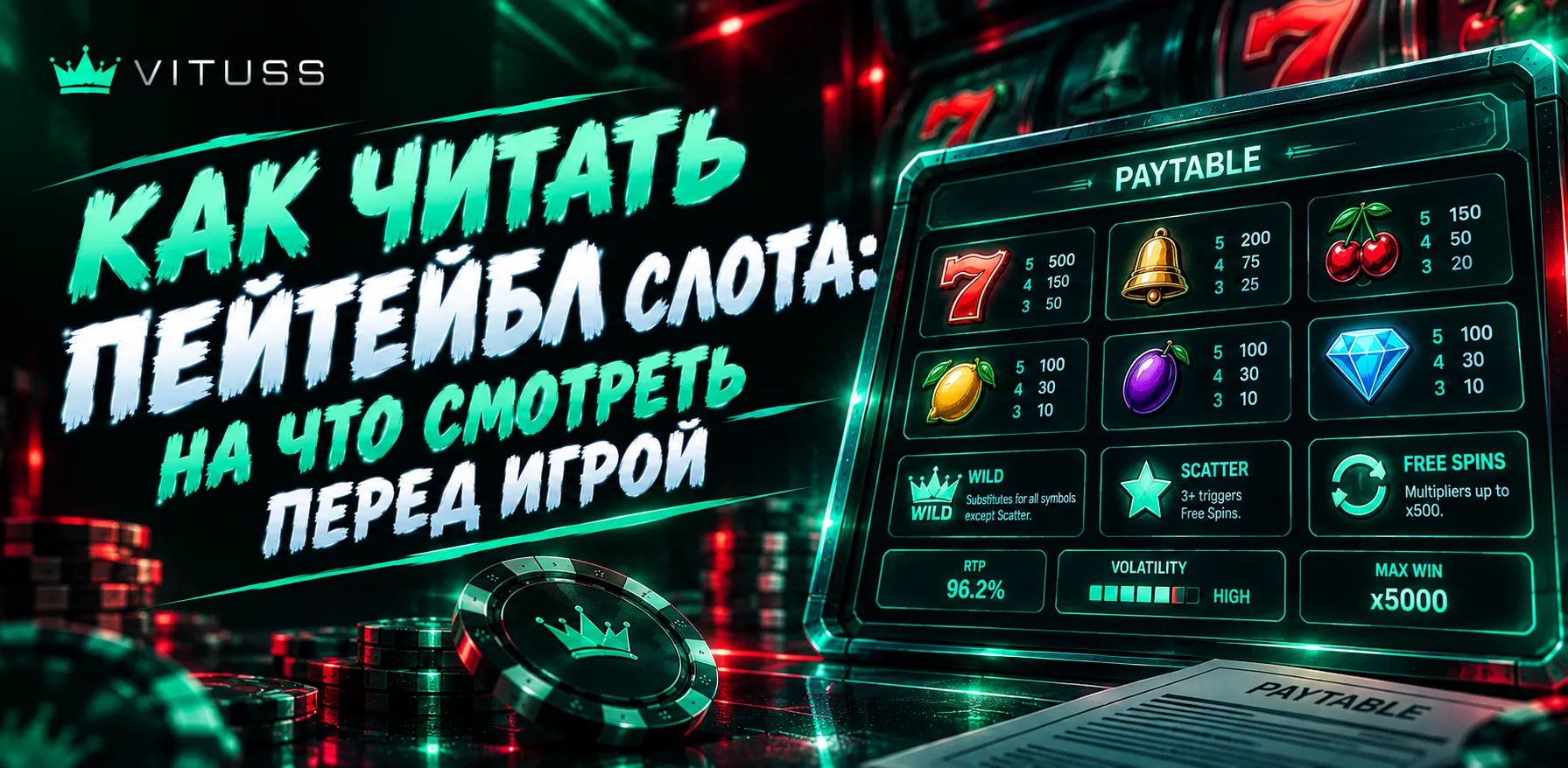 Пейтейбл слота: таблица символов, RTP и условия бонусов.